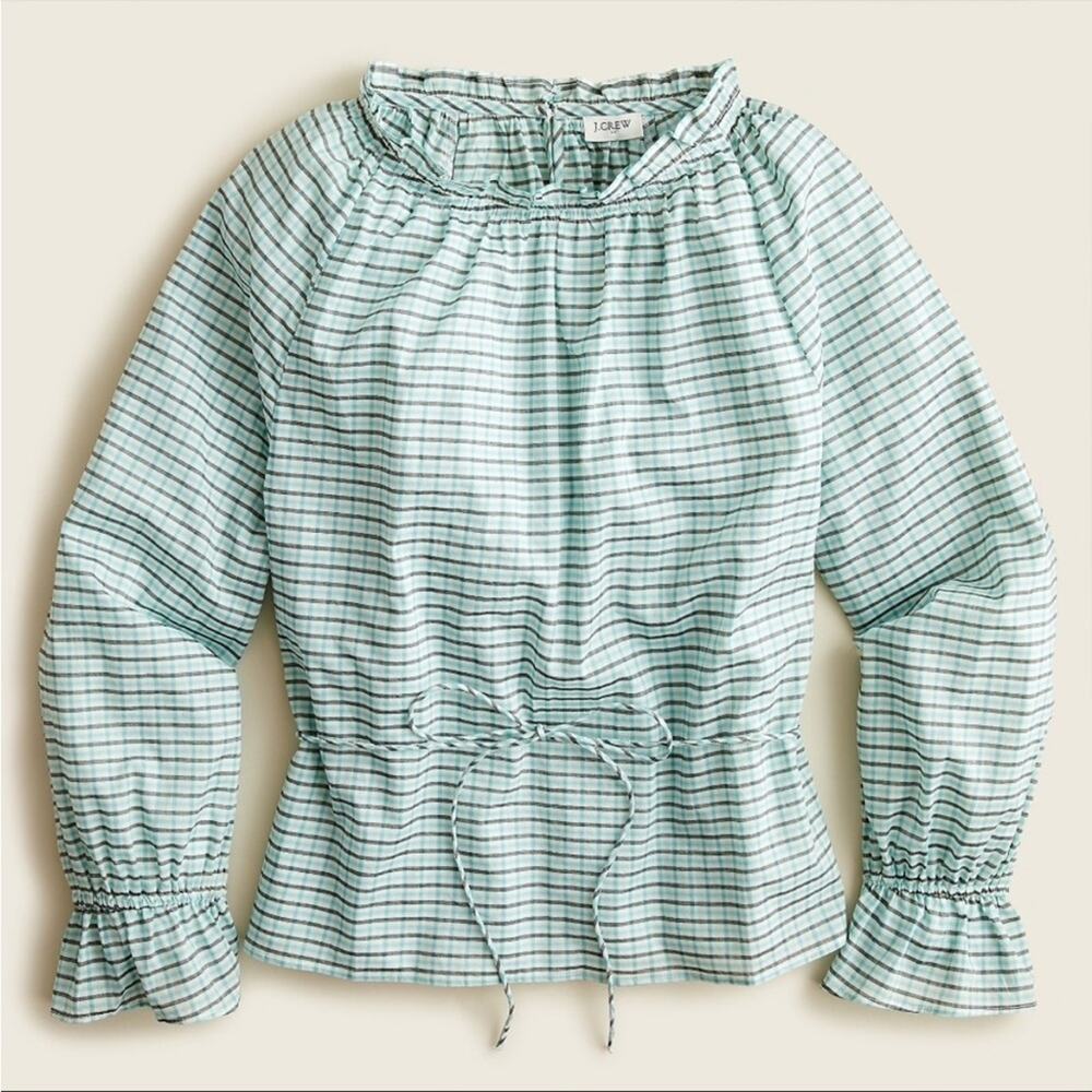 J crew NWT tie waist blouse in aqua plaid teal cotton high neck Cottagecore